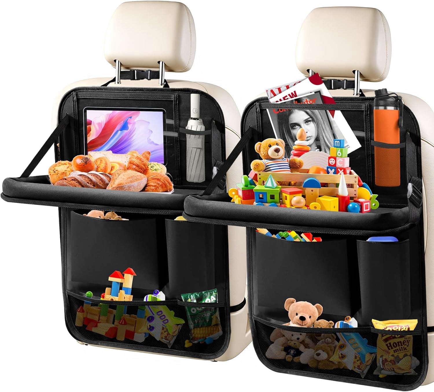 Car Backseat Organizer with Tablet Holder, 6 Storage Pockets Foldable Table Tray Seat Back Protectors Kick Mats Travel Accessories, 2 Pack Black