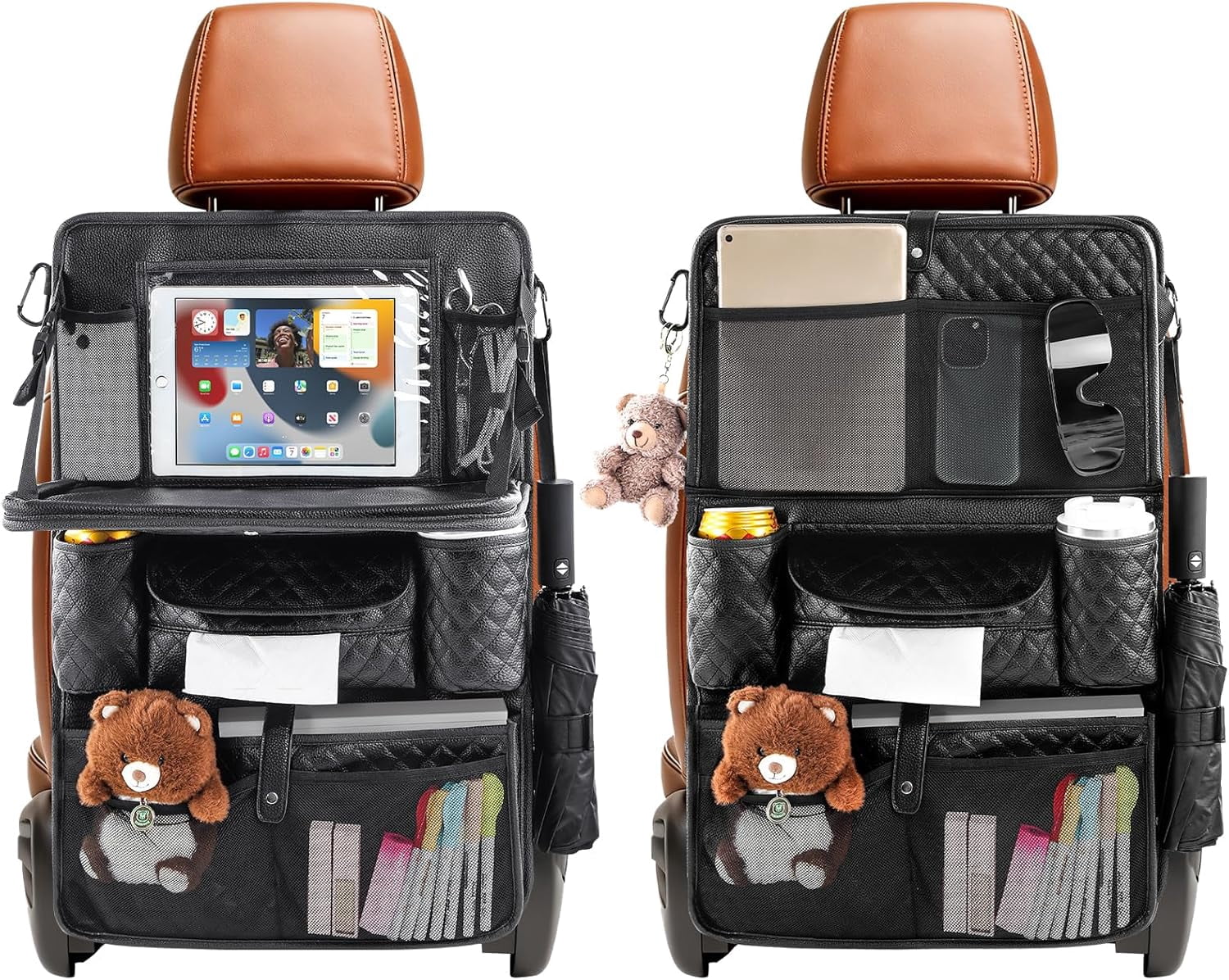 Car Backseat Organizers 2-Pack with Foldable Tray - PU Leather Back Seat Car Organizers with 11 Storage Pockets, Tablet Holders, Kick Mats Protectors for Kids Family Travel Essentials (Black)
