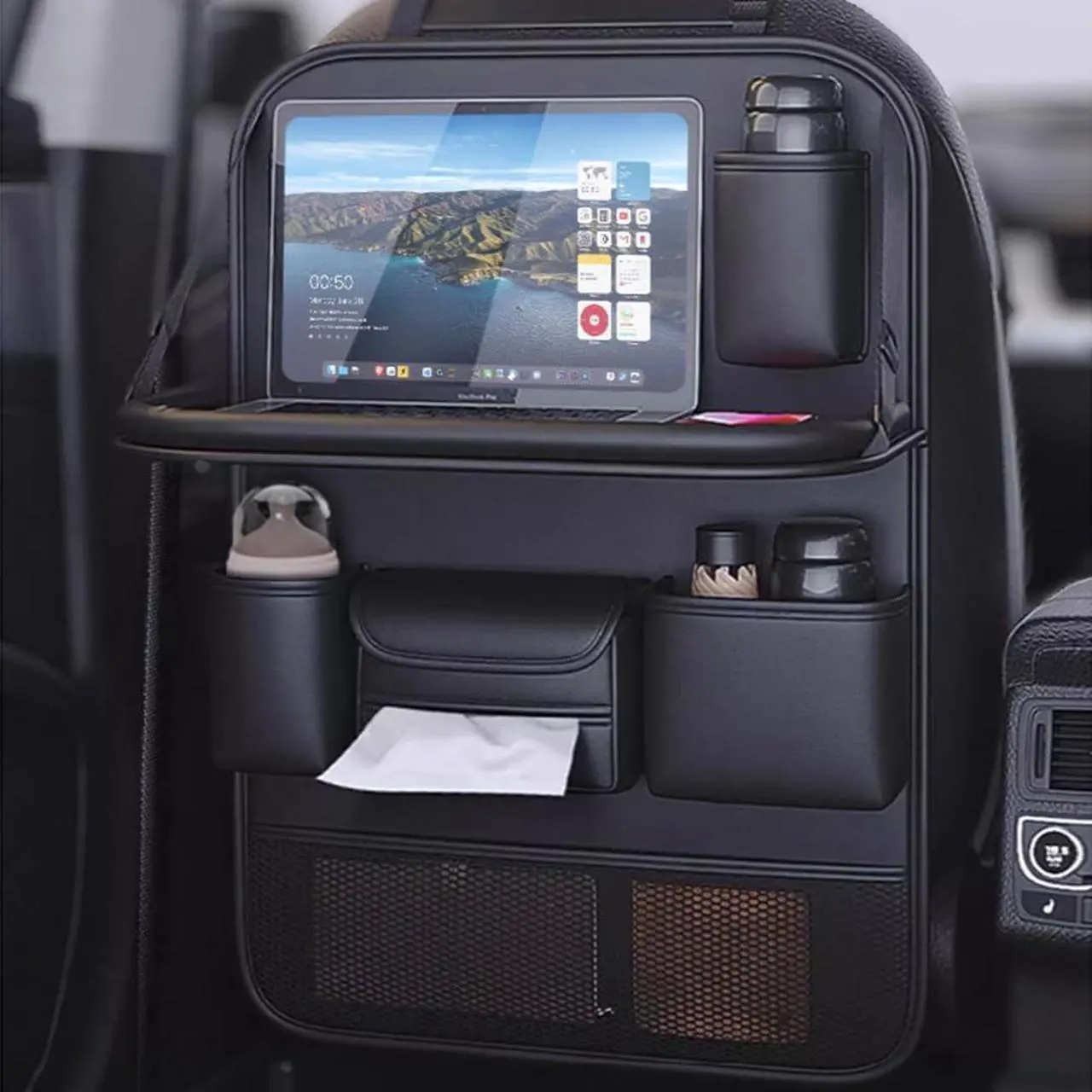 Car Backseat Storage Bag with Foldable Table Tray,Large Capacity Seat Back Organizer,Car Kick Mat with Touch Screen Phone Holder,Multifunctional Backseat Protector Cover Pad