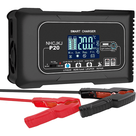 Car Battery Charger 12V/20A 24V/10A Automatic Smart Battery Charger/Maintainer with LCD Display Pulse Repair Charger Pack for Car, Lawn Mower, Motorcycle, Boat, SUV and More