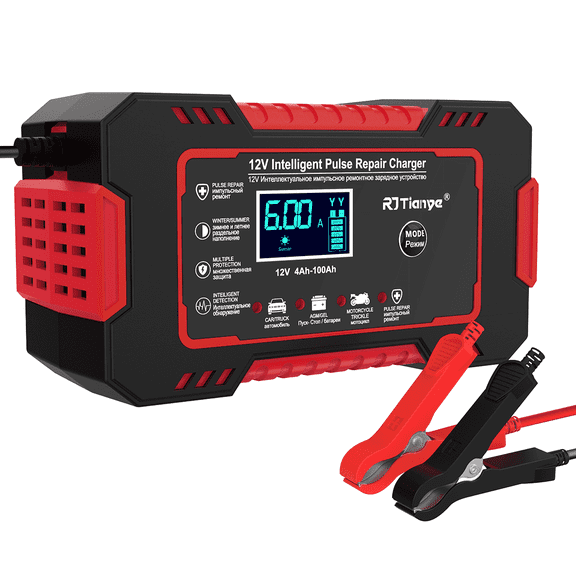 Car Battery Charger, 12V/6A Battery Trickle Charger Smart Automotive 12V Battery Maintainer Desulfator with Temperature Compensation for Car Truck Motorcycle Lawn Mower Marine Lead Acid Batterie, Red