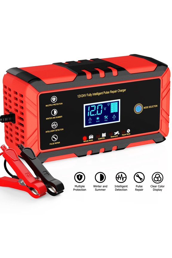 Car Battery Charger, 8A 12V/24V Battery Charger and Trickle Charger with Temperature Compensation Auto Stop and Memory Function, Fully-Automatic Battery Maintainer with Digital Touch Screen Display
