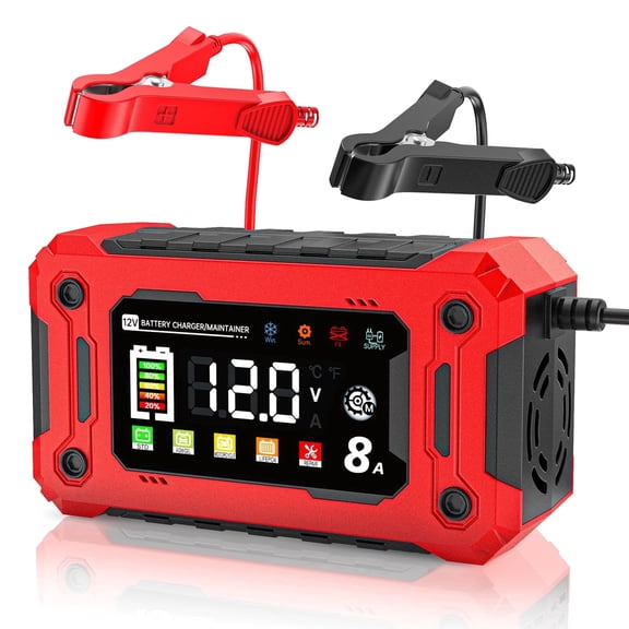 Battery Charger, Colorful Trickle Charger Fully-Automatic Battery Charger 12V 8Amp Lead Acid Portable Smart Car Battery Maintainer w/Temp Compensation for Car Truck Lawn Mower Boat Marine