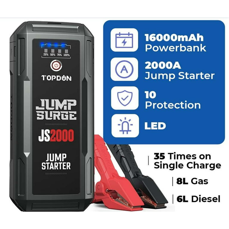  Car Battery Jump Starter, TOPDON 2000A Peak Battery Jump  Starter for Up to 8L Gas/6L Diesel Engines, 12V Portable Battery Booster  Jump Starter Pack with Jumper Cables and EVA Protection Case 