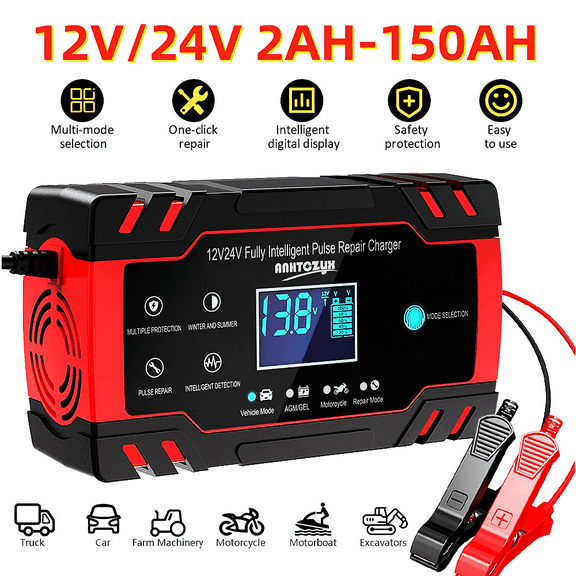 Car Battery Charger,Kepeak 24V/12V Smart Automatic Car Battery Charger with LCD Screen,8-Amp Automotive Trickle Charger for Car Truck Motorcycle Lawn Mower Boat Marine