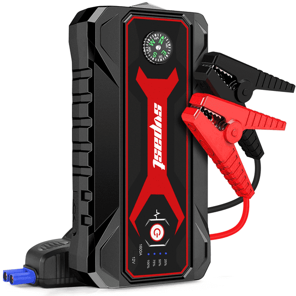 TEMGO Portable Car Jump Starter, 1600A Peak 18000mAh 12v Jump Power Booster Pack Up to All Gas 7L Diesel Jumper Cables Dual USB Quick Charge QC 3.0 with Compass and Safety Hammer