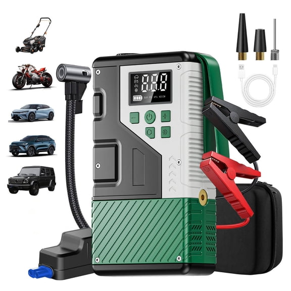 Car Battery Jump 1000A Starter with Air Pump, 8000mAh Portable Jump Box & Tire Inflator, 12V Auto Booster Power Bank with Digital Display, LED Light & Safety Protection - Green
