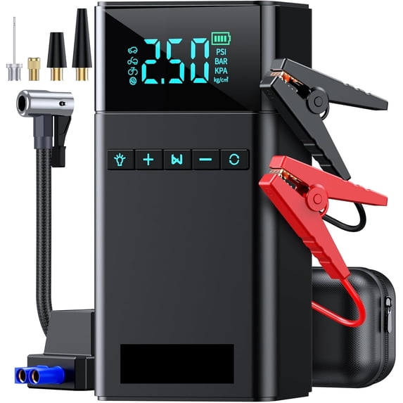 Car Battery Jump Starter 2000A Jump Box 12800mAh Portable Car Jump Starter Battery Pack (6.5L Gas/5.5L Diesel) Car Jumper Starter with Extended Smart Jumper Cables, Fast Charge, Lights, Compact