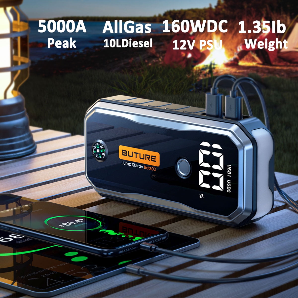 BUTURE 5000A Car Jump Starter (All Gas 10L Diesel) Smart, 55 OFF