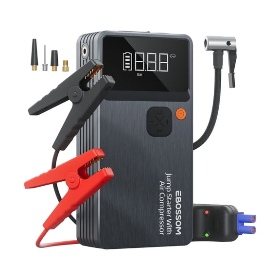 Car Battery Jump Starter with Air Compressor,44.4Wh Battery Jump Box with Tire Inflator,Booster with Smart Jumper Cables,Emergency Kits for Vehicles