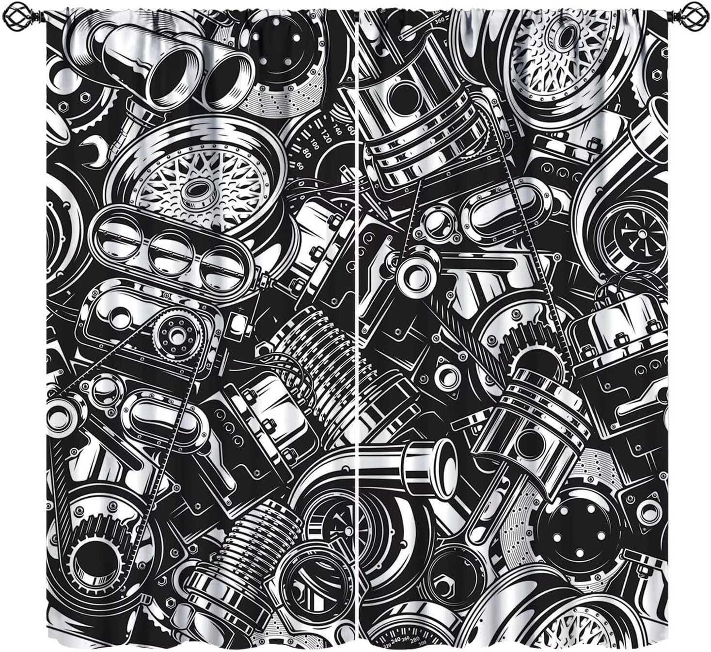 Car Blackout Curtains Automobile Car Parts Engine Black White Vintage Art Print for Boys Bedroom Living Room Bathroom Decor Rod Pocket Window Drapes 2 Panels 72x63in
