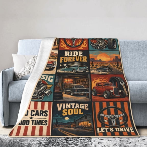 Car Blanket Vintage Classic Garage Engine Soft Cozy Fleece Blanket Gift for Men Him 50x40