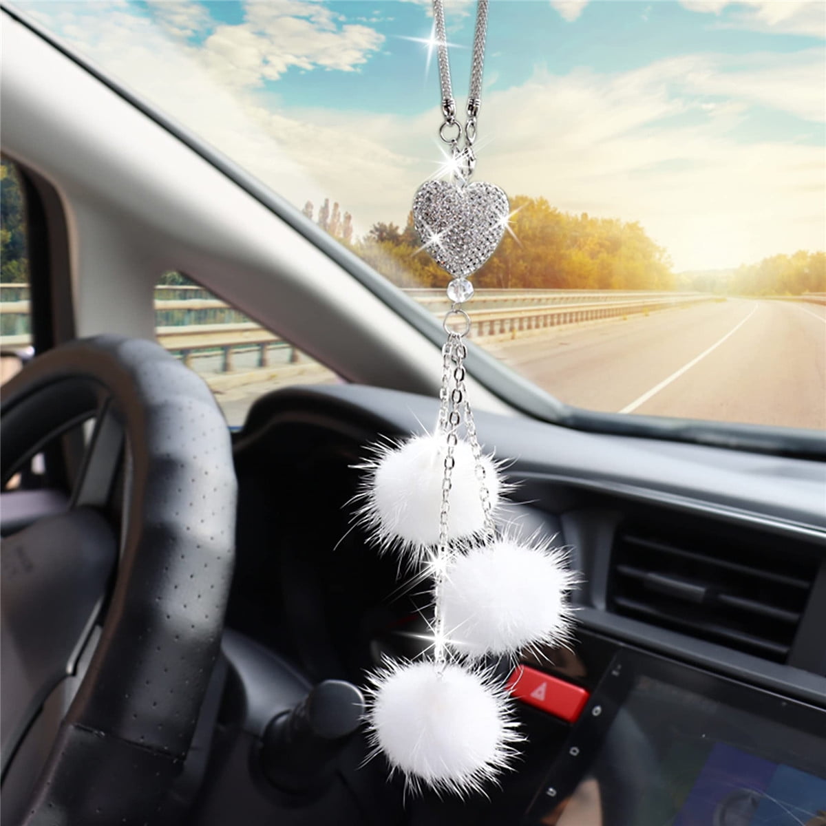 Car Bling Rear View Mirror Hanging Accessories for Women & Men, Rhinestones  Diamond Love Heart and Black Plush Ball Crystal Sun Catcher Lucky Ornament