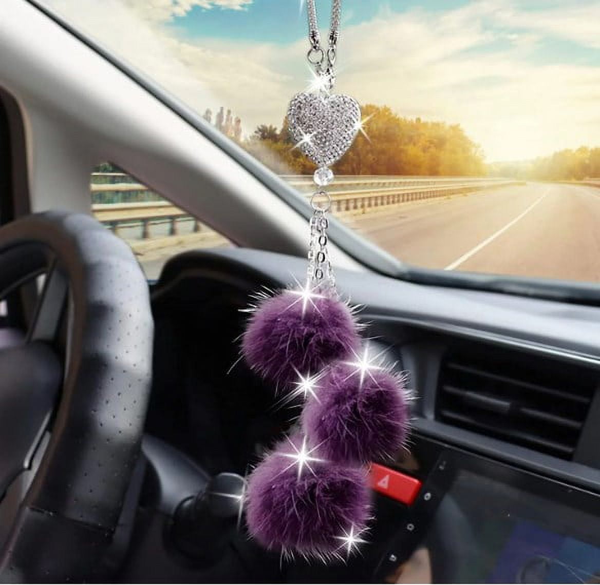 Car Bling Rear View Mirror Hanging Accessories for Women & Men, Rhinestones  Diamond Love Heart and Black Plush Ball Crystal Sun Catcher Lucky Ornament  Chain, Car Chandelier, Bling Car Charm 