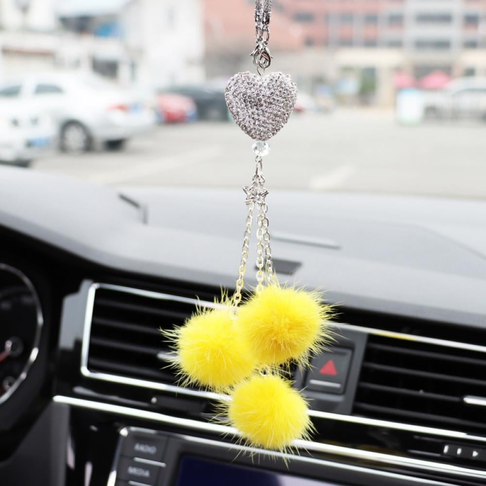 Car Bling Rear View Mirror Hanging Accessories for Women & Men, Rhinestones  Diamond Love Heart and Purple Plush Ball Crystal Sun Catcher Lucky Ornament  Chain, Car Chandelier, Bling Car Charm 