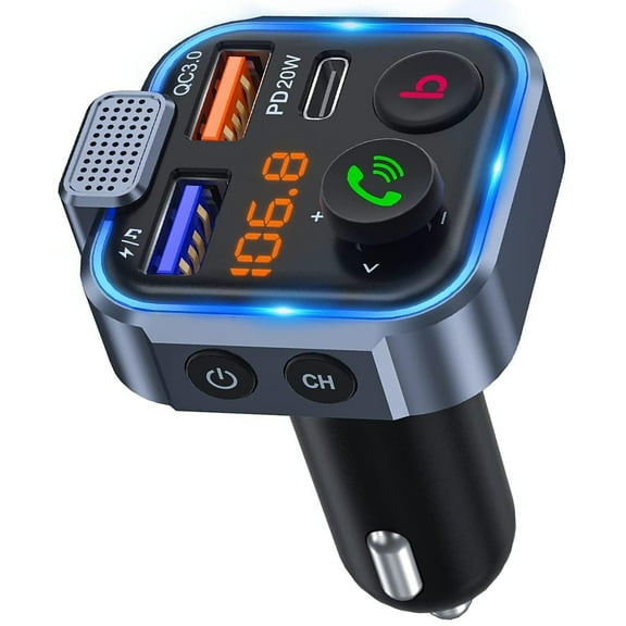 Car Bluetooth 5.0 FM Transmitter PD20W Fast Charger, 3-Port (Dual USB+Type-C) QC18W Charger with Hands-Free Calling & Hi-Fi Deep Bass Noise-Cancelling Adapter