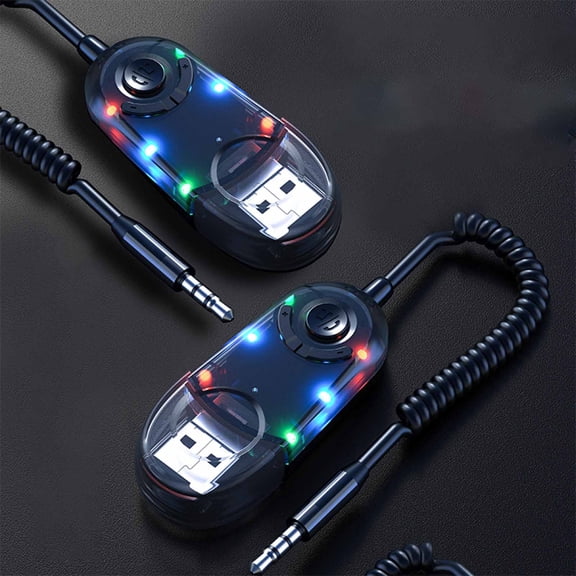 Car Bluetooth 5.0 Receiver with AUX 3.5mm Jack, USB Powered Wireless Audio Adapter, Hands-Free Call, TF Card Playback, Colorful LED Light for Home & Car Stereo