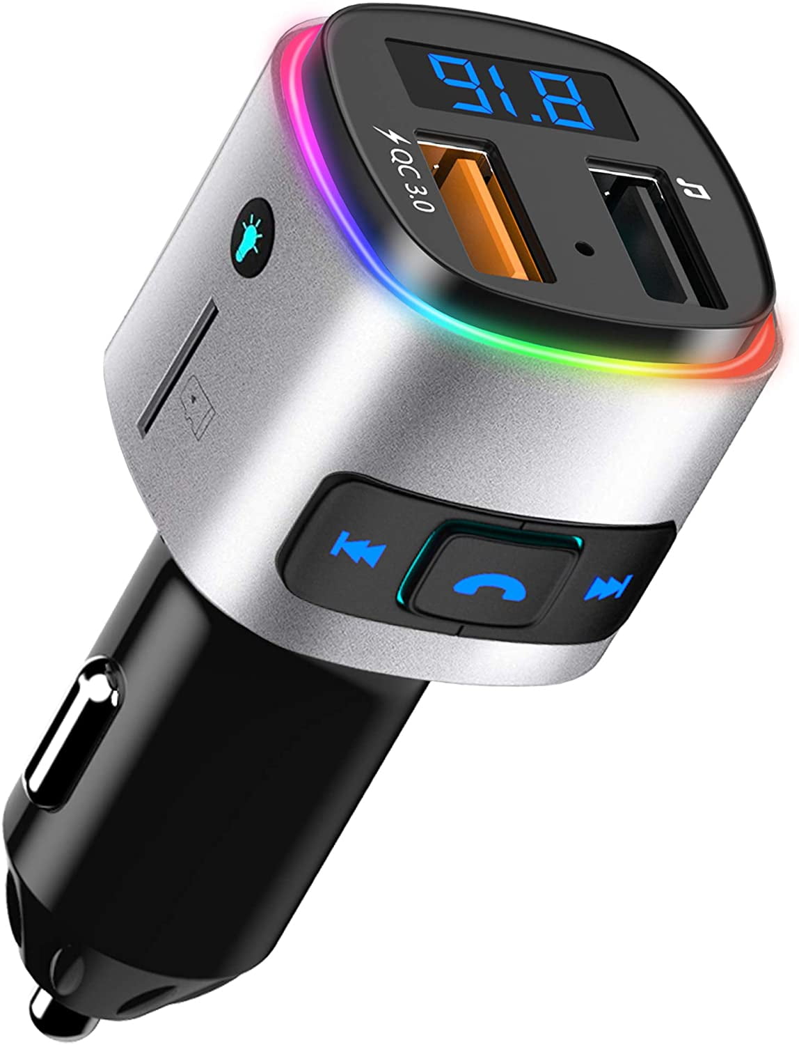 Car Bluetooth FM Transmitter, Car Radio Bluetooth Adapter Music Player Kit,  Hands-free Call, 7-color Light 