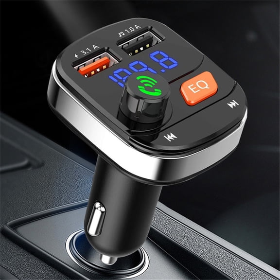 Car Bluetooth FM Transmitter, Wireless Hands-Free Car Kit with Dual USB Fast Charger, Voltage Monitor, EQ Mode, TF Card & U Disk Music Player for All Smartphones & Devices, Universal Car Adapter