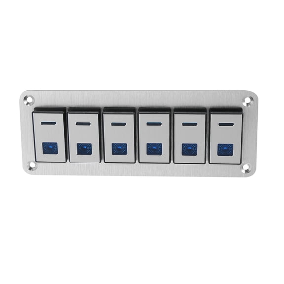 Car Boat 6 Gang 5 Pin Toggle Rocker Switch Panel 12V/24V Circuit Breaker Blue LED Indicator Aluminum Alloy Silver Tone