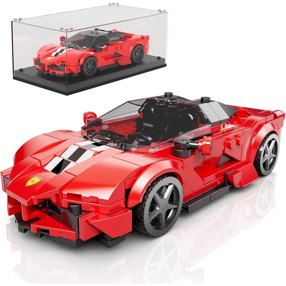Car Building Sets, Model Car Set with Display Case, Red Racing for Boys 14+, Collectible Sports Cars Kit Toy Blocks Display for Adults (374 Pieces)
