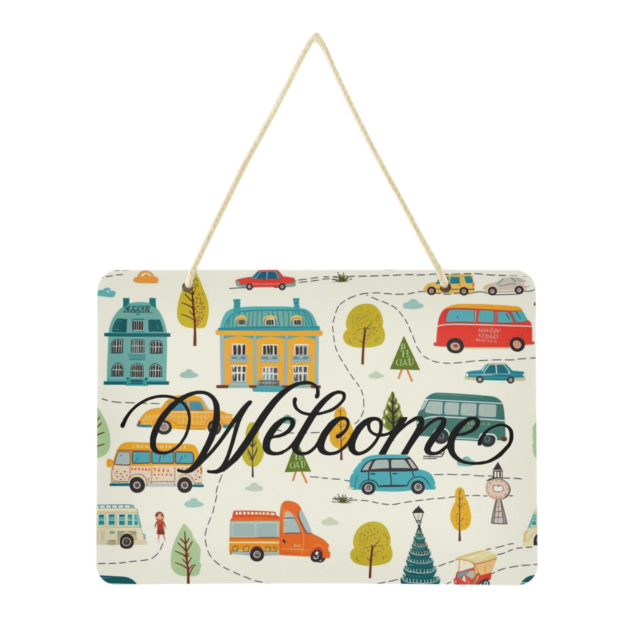 Car Building Tree Welcome Sign Front Door PVC 14x10 inch Hanger Hello ...