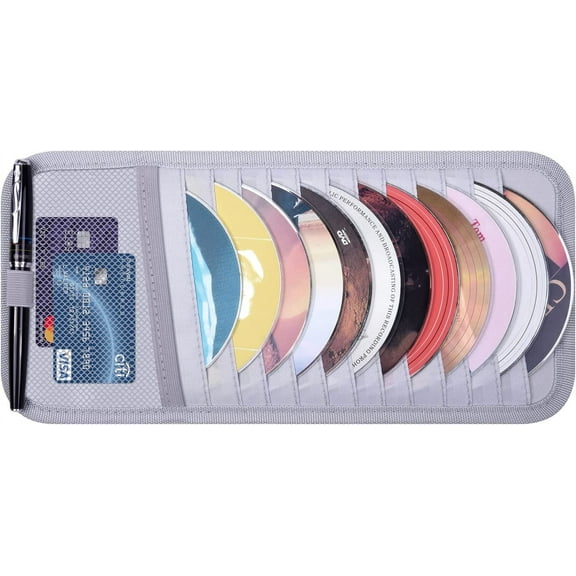Car CD Case Holder, Vehicle Sun Visor Organizer for Cars with 12 DVD Storage Sleeves, 1 Mesh Pocket, 1 Pen Holder and Elastic Strap, Gray