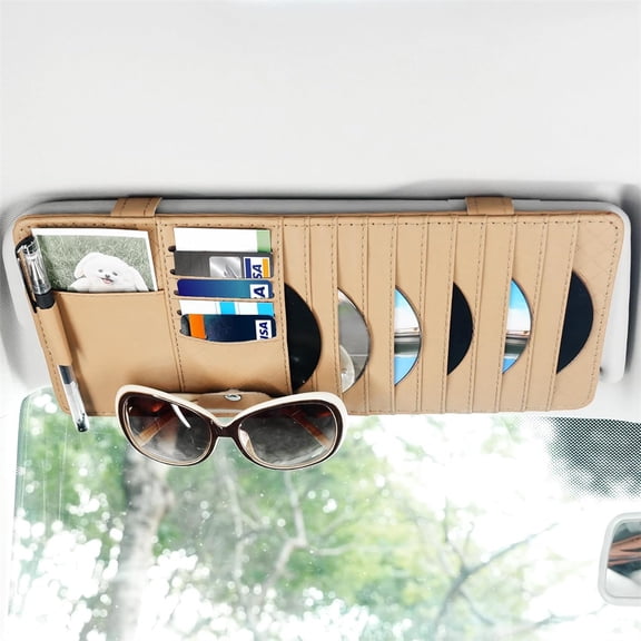 Car CD Holder Storage Case, NOGIS Sun Visor Organizer with 11 DVD Sleeves Pen Elastic Strap, Pocket Case for Credit Card Ticket, Universal Automotive Accessories (Beige)