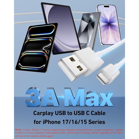Car Carplay Cable for iPhone 17/17 Pro/Air/16e/16/15 Pro Max/Plus Cable 2Pack USB A to USB C for CarPlay USBC Cord iPad Galaxy Pixel Android Accessories Charging Wire Type-C Car Charger Cord 3FT