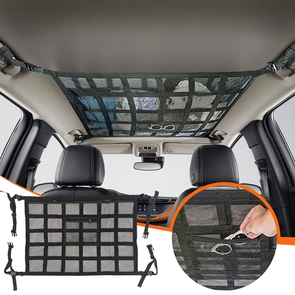Car Ceiling Cargo Net  Overhead Organizer with 9 Straps, Zipper Pocket & Reinforced Storage for SUVs, Vehicles with 4 Handles