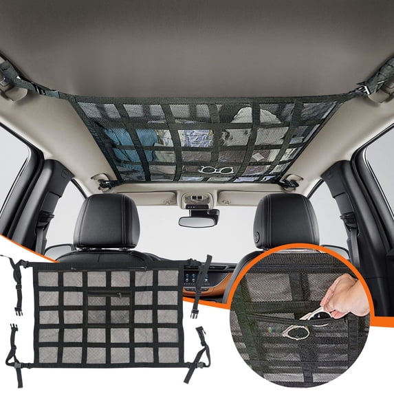 Car Ceiling Cargo Net — Overhead Organizer with 9 Straps, Zipper Pocket & Reinforced Storage for SUVs, Vehicles with 4 Handles