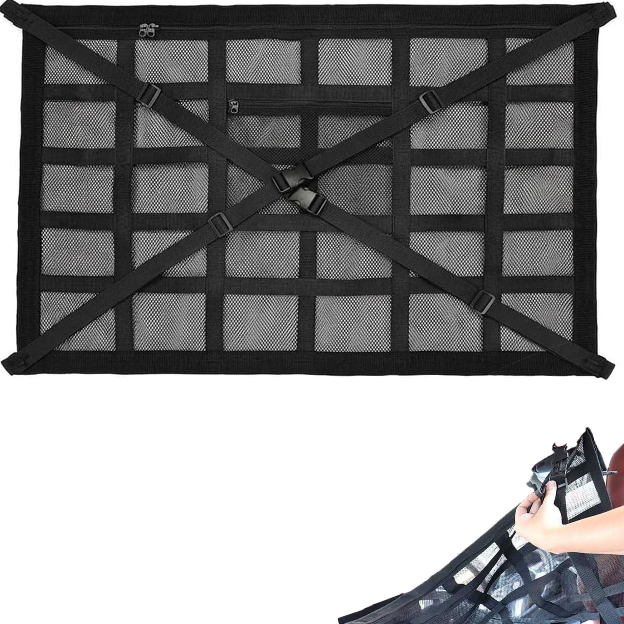 Net Storage Pockets Car Ceiling Cargo Net, Overhead Storage Organizer with Double Zipper ...