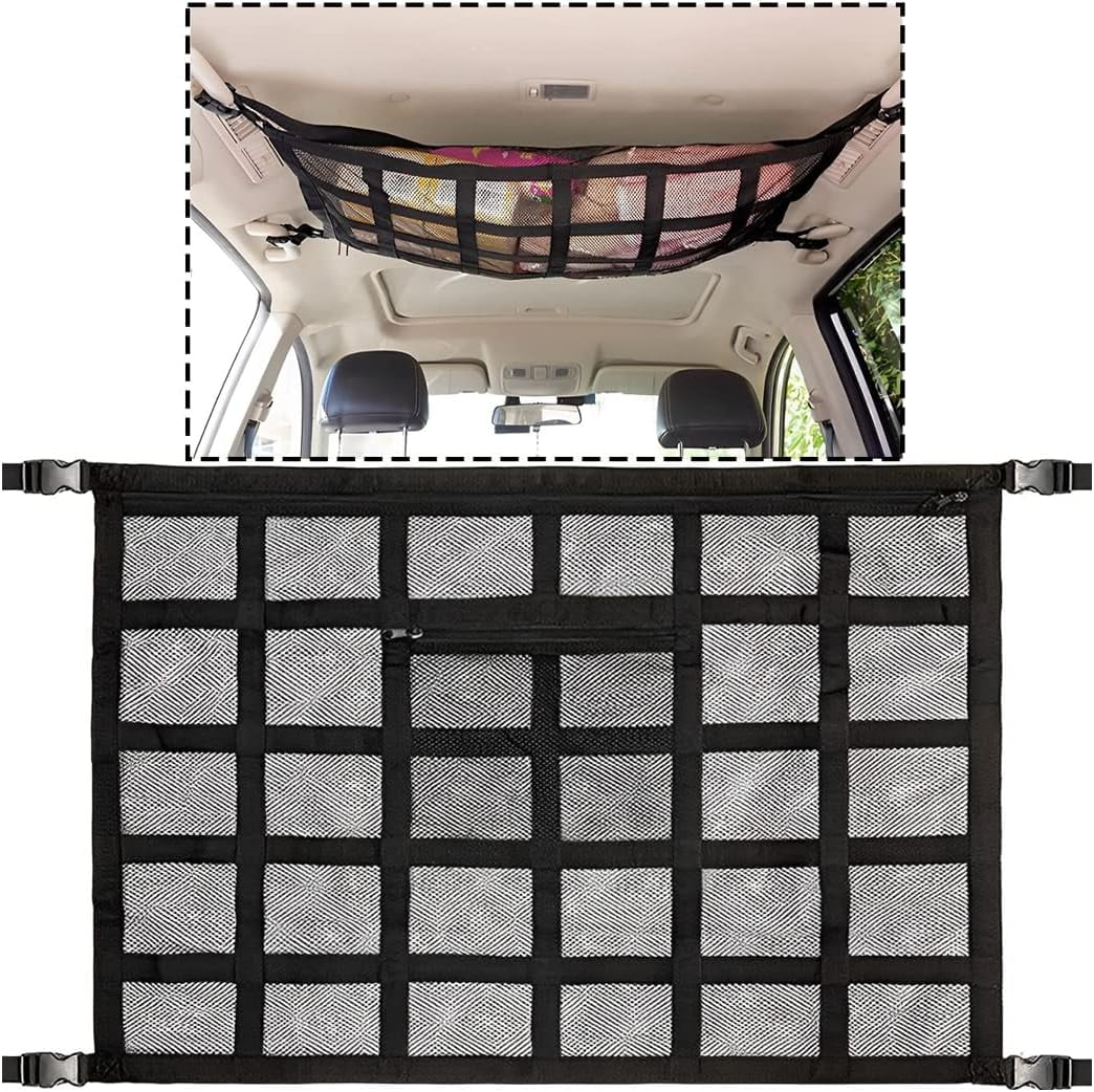 31.5 x21.2 Inch Car Ceiling Cargo Net Pocket, Adjustable Car Roof Cargo Net  Mesh Bag, Double-Layer Mesh Car Ceiling Storage Net for Long Road Trip