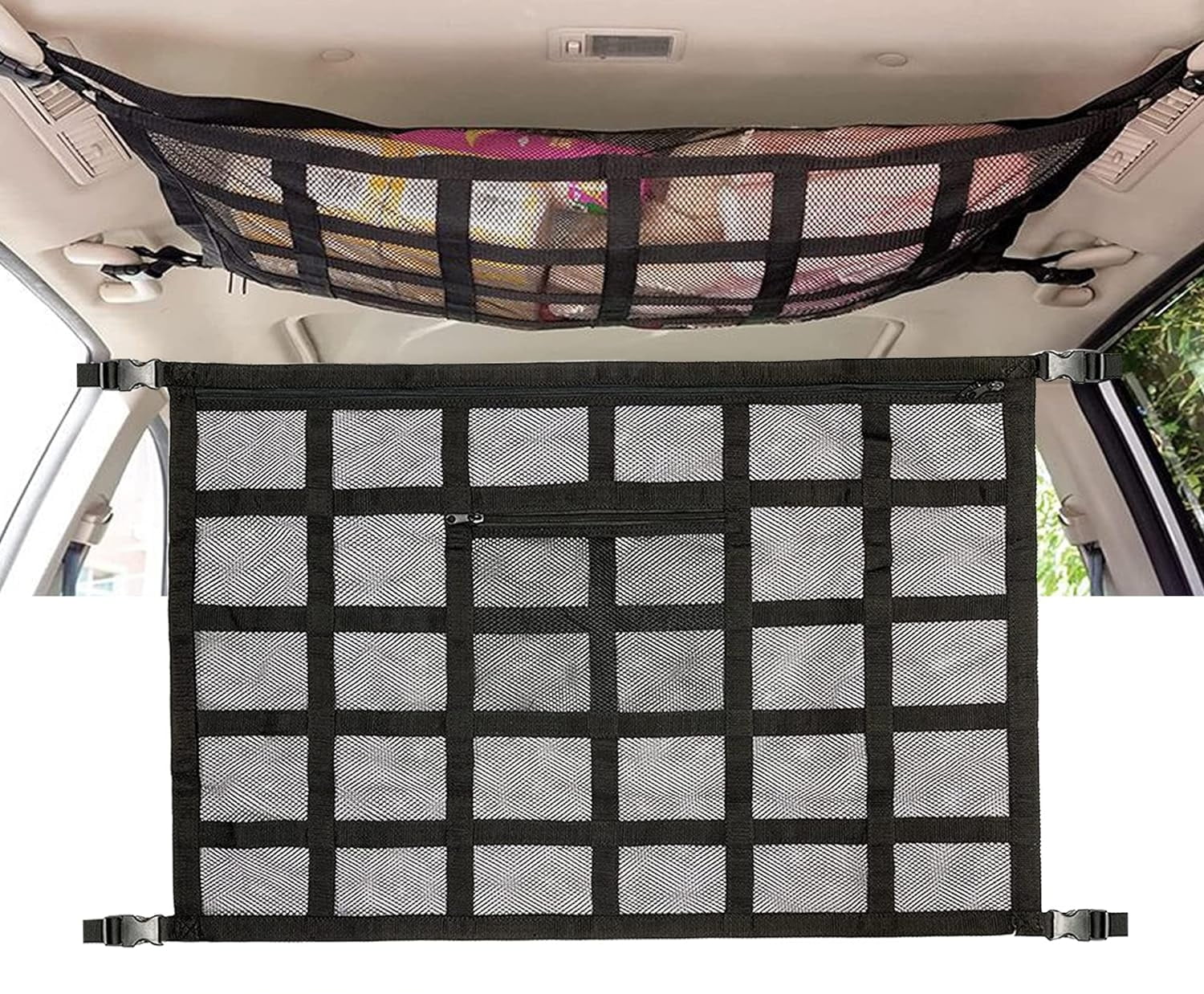 Car Ceiling Cargo Net Pocket, Kvago 35.4"x25.6" DoubleLayer Mesh Car Roof Storage Organizer for