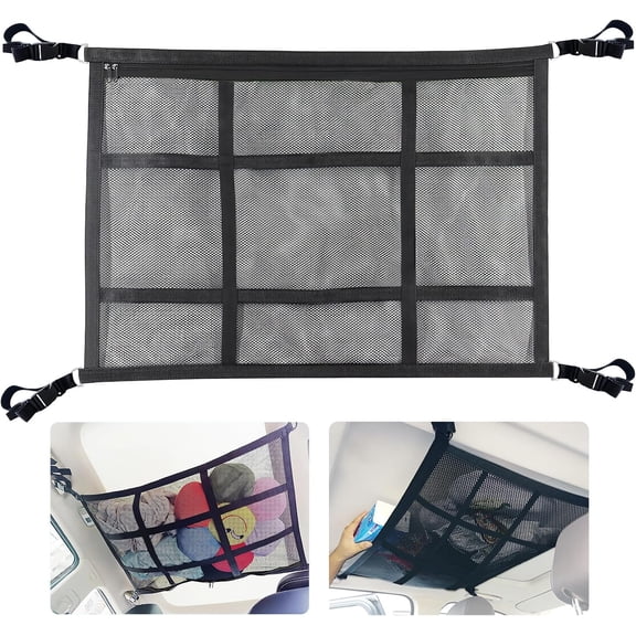 Car Ceiling Cargo Net for SUV,35.4"X25.6" Car Ceiling Storage,Load Capacity Automotive Cargo nets Interior Accessories for Van,Double-Layer Mesh Automotive Roof Camping Essentials