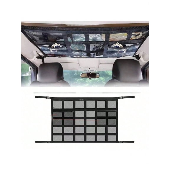 Car Ceiling Cargo Net for SUV Overhead Storage Organizer with 3 Mesh Pockets, Adjustable DShaped Buckle & HookandLoop Straps, Easy NoTool Installation, for Road Trips & CampingCar Ceiling Cargo