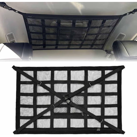 Car Ceiling Cargo Network Slimline Cargo Net, Double Layer Roof Mesh, Reduce Sagging Car Storage Mesh Organizer, Truck SUV Travel Long Road Trip Camping Interior Accessories (Black, 27.6 * 19.7in)
