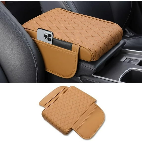 Car Center Console Armrest Cover, Leather Car Center Console Cover Cushion with 2 Storage Bags, Universal Center Console Pad Thickened Memory Foam Car Armrest Lids Storage Box (Red)