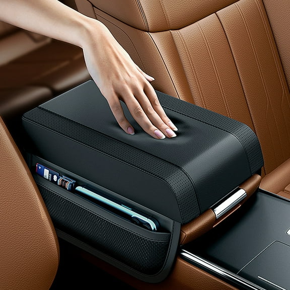 Car Center Console Armrest Cushion Pad, Leather Cover with Storage Bag, Elbow Support & Height Extension for Trucks, SUVs, and Autos, 1-Pack