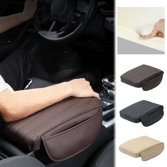 Car Center Console Armrest Cushion with Storage Pockets – Memory Foam Pad for Elbow Support, Wrist , Dog Scratch Protection – Universal Fit Leather Cover for Most Cars, SUVs, Trucks