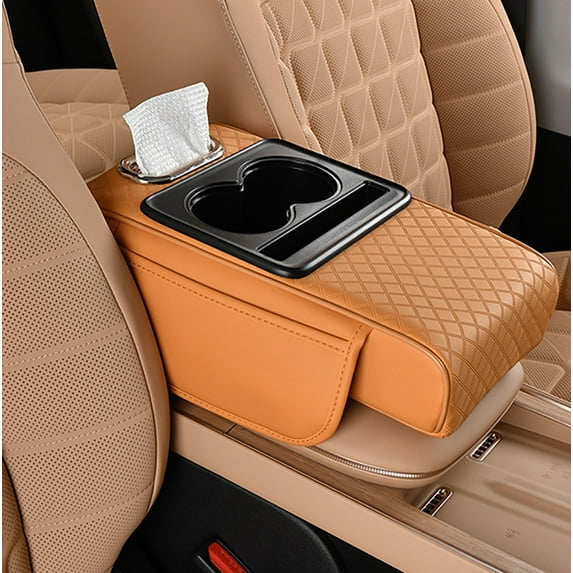 Car Center Console Armrest Cushion with Cup Holder, Waterproof Leather Arm Rest Cover Organizers