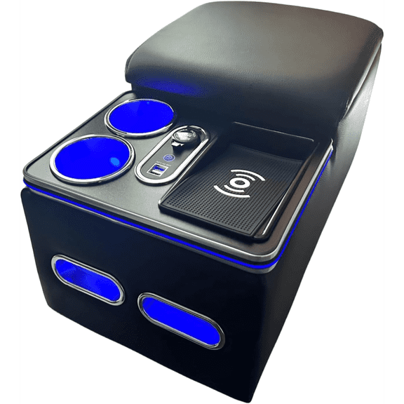 Car Center Console Armrest Organizer with Wireless Charging Phone Holder And Cup Holders for Car, Minivan, Van Truck Floor Cab Back Bench Seat Storage Box - Black