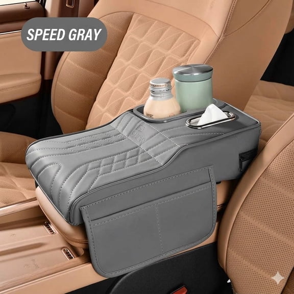 Car Center Console Armrest Pillow, Memory Foam Leather 4 in 1 Vehicle Arm Rest Cover with Tissue Box 2 Side Storage Bag Cup & Phone Holder, Auto Armrest Cushion, Universal Fit，Gray