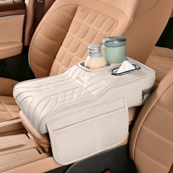 Car Center Console Armrest Pillow, Memory Foam Leather 4 in 1 Vehicle Arm Rest Cover with Tissue Box 2 Side Storage Bag Cup & Phone Holder, Auto Armrest Cushion, Universal Fit，White