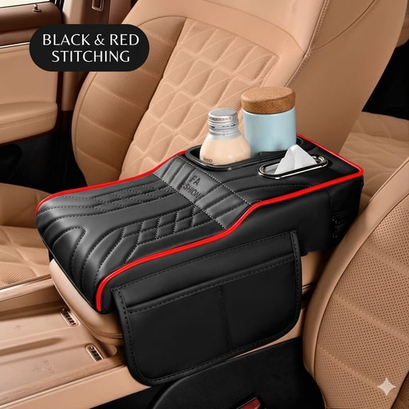 Car Center Console Armrest Pillow, Memory Foam Leather 4 in 1 Vehicle Arm Rest Cover with Tissue Box 2 Side Storage Bag Cup & Phone Holder, Auto Armrest Cushion, Universal Fit，Black red