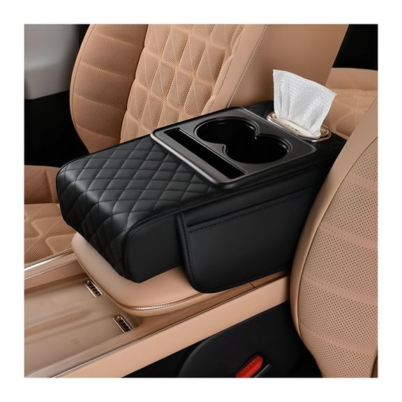 Car Center Console Armrest Pillow, Memory Foam Leather 4 in 1 Vehicle Arm Rest Cover with Tissue Box 2 Side Storage Bag Cup & Phone Holder, Auto Armrest Cushion, Universal Fit (Black)