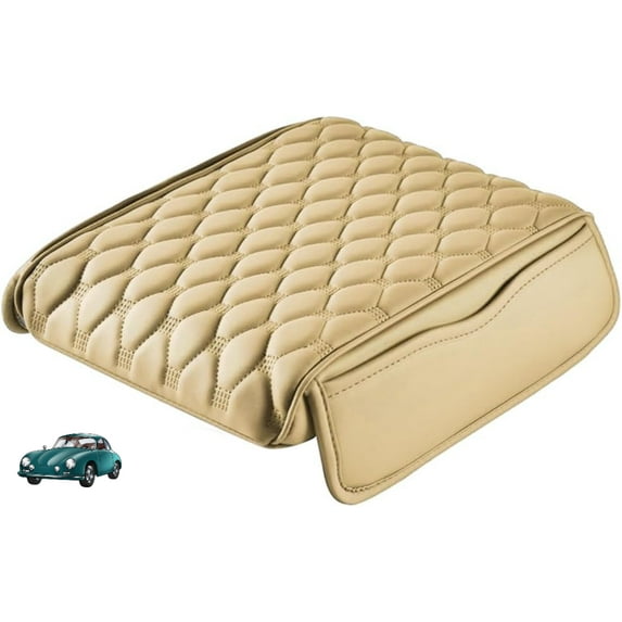 Car Center Console Armrest Protector, 2025 Upgrade Leather Armrest Cover Cushion with 2 Storage Bags, Universal Seat Box Pad Interior Accessories Protector for Most Vehicle (Beige)
