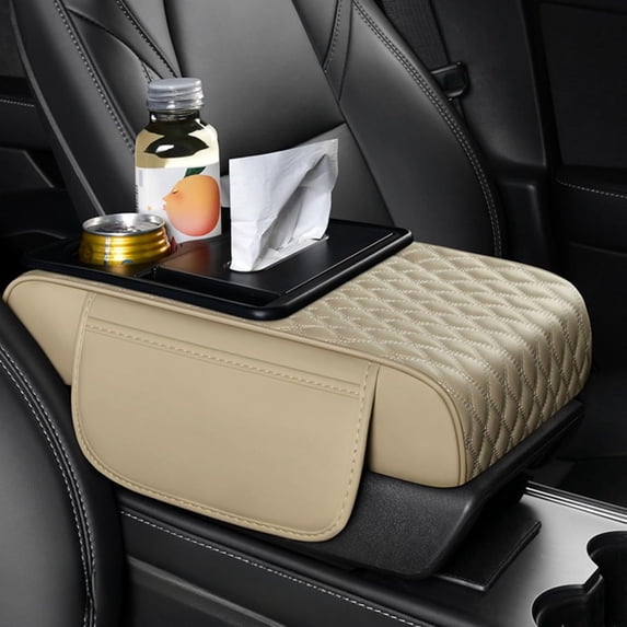 Car Center Console Cover Booster Multifunctional Car Center Console Cushion Pad with Cup Holder & Tissue Box & Side Pockets Arm Rest Cover for Car, Embossed, Beige
