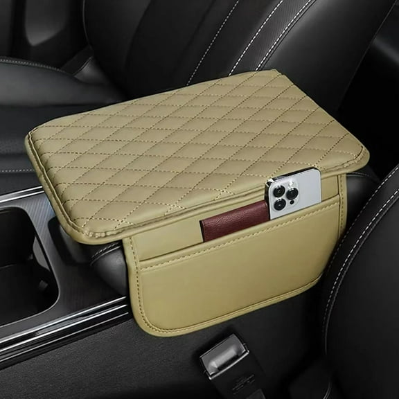 Car Center Console Cover Leather Armrest Cover Cushion with 2 Storage Bags Universal Car Armrest Seat Box Pad Car Interior Accessories Protector for Most Vehicle (Black line)