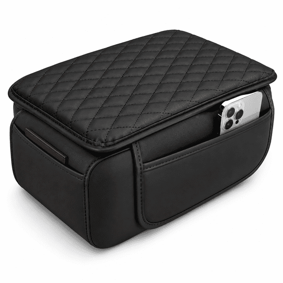 Car Center Console Cover Leather Armrest Cover Cushion with 2 Storage Bags Universal Car Armrest Seat Box Pad Car Interior Accessories Protector for Most Vehicle,Black